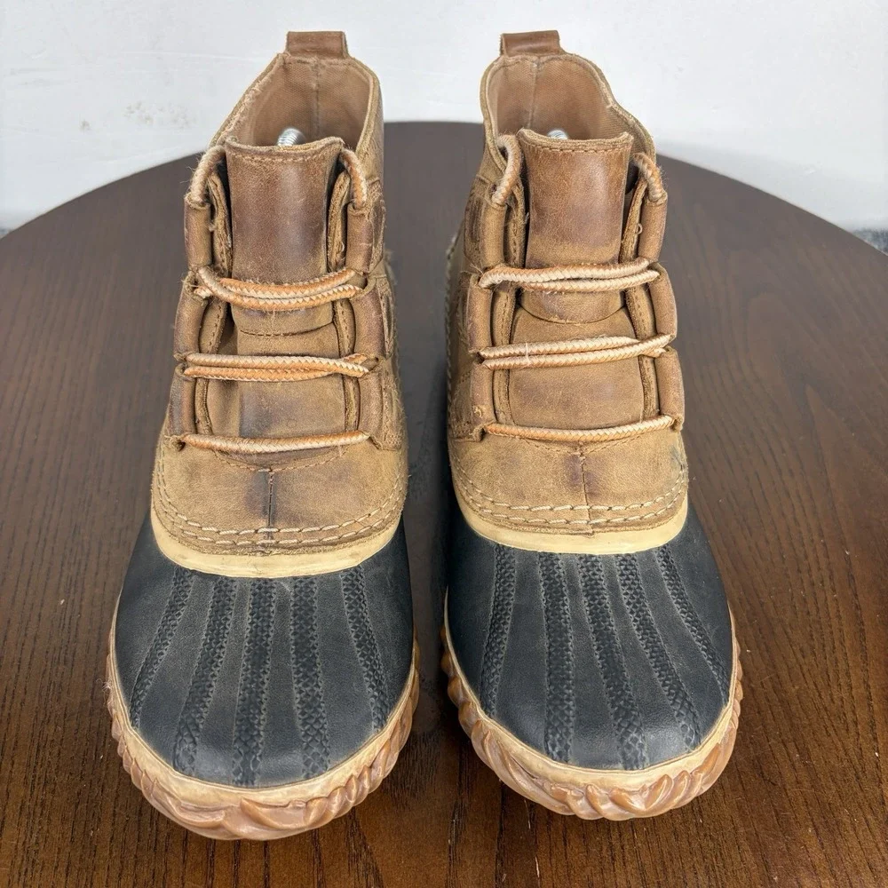 Sorel Out N About Boots Women's 7 Tan Black Nubuck Waterproof Duck Rain Booties